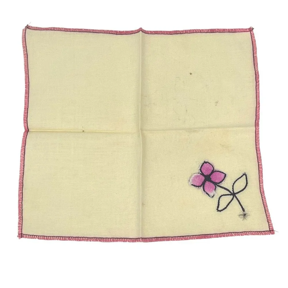 Vintage Set of 4 Linen Cocktail Luncheon Napkins Pink Flower Embroidered